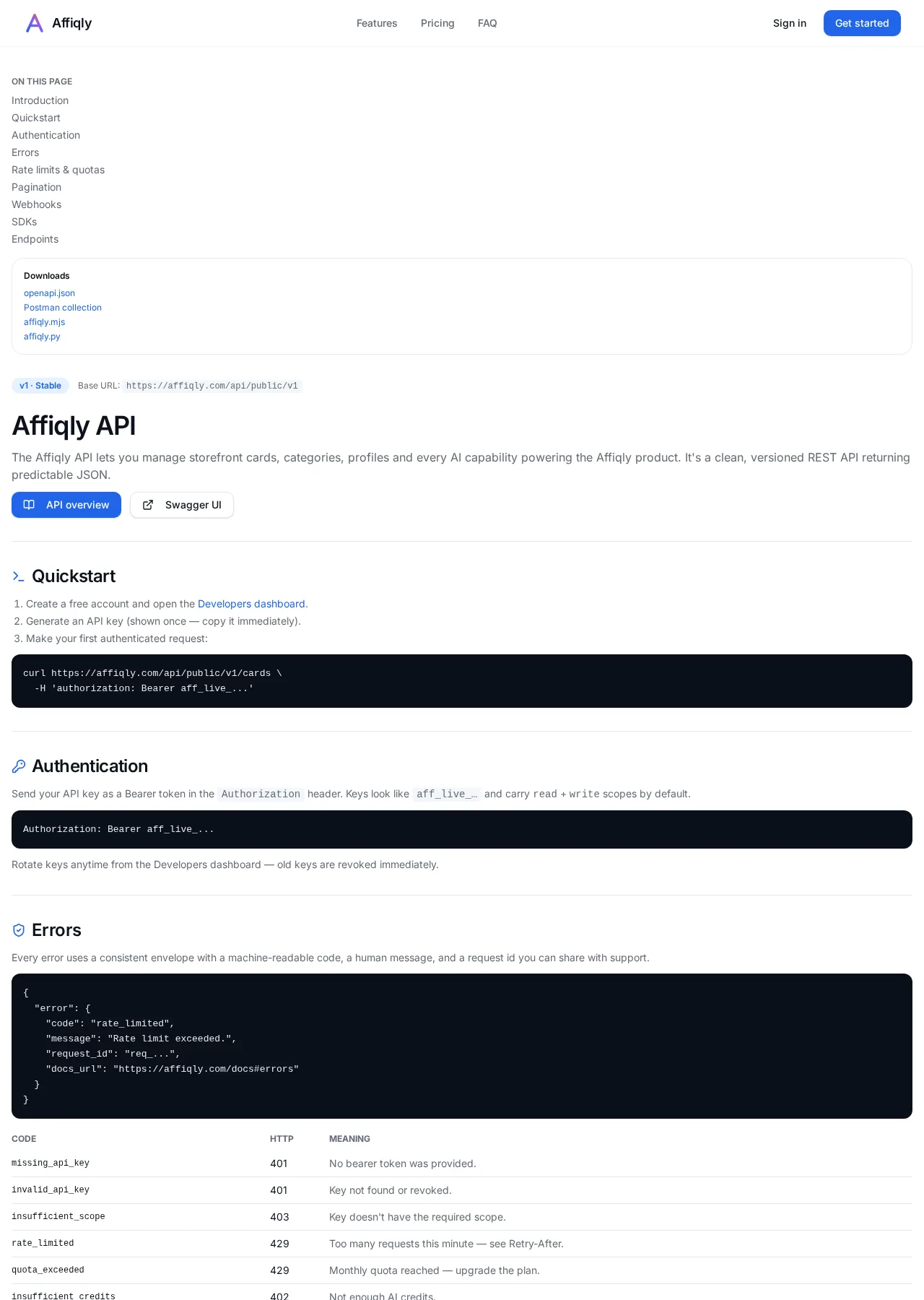 Genuine Affiqly public API documentation showing quickstart and authentication guides